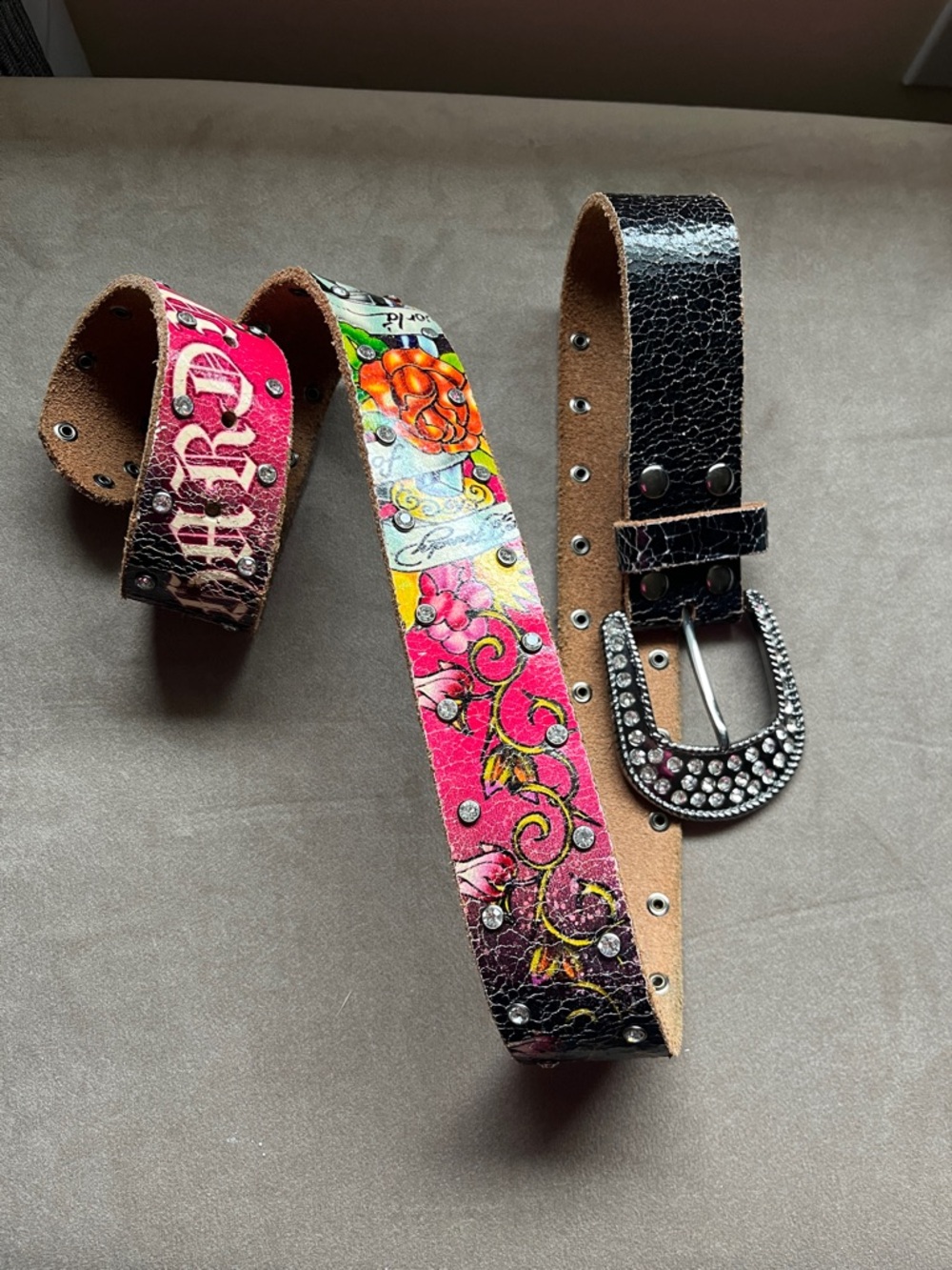 Ed Hardy Multicolored Floral Studded Leather Belt with Rhinestone Buckle Accent